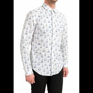 Hugo Boss Ronni_53F Men Slim Fit Linen Graphic Print Long Sleeve Casual Shirt